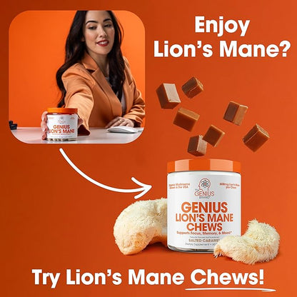 Genius Lions Mane Cognition Vitamins Supplement Capsules - Organic Nootropic Supplement, 1200mg per Serving – 120 Veggie Pills