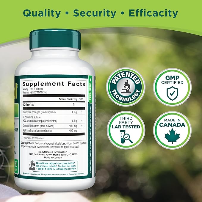 Genacol Glucosamine, Chondroitin, MSM and Collagen Joint Support Supplement for Men & Women Joint Health Patented Formula | Glucosamina Condroitina y Colageno Optimum 180 Tablets