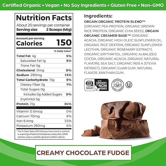 Orgain Organic Vegan Protein Powder, Creamy Chocolate Fudge - 21g Plant Protein, 7g Prebiotic Fiber, Low Net Carb, No Lactose Ingredients, No Added Sugar, Non-GMO, For Shakes & Smoothies, 2.03 lb