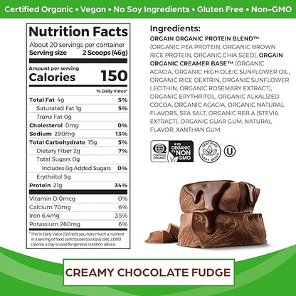 Orgain Organic Vegan Protein Powder, Creamy Chocolate Fudge - 21g Plant Protein, 7g Prebiotic Fiber, Low Net Carb, No Lactose Ingredients, No Added Sugar, Non-GMO, For Shakes & Smoothies, 2.03 lb