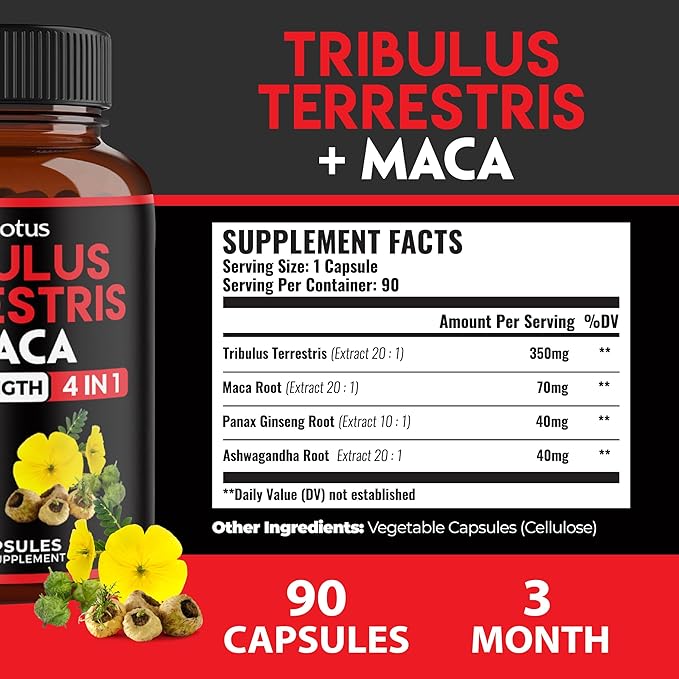 Zolotus Premium Tribulus Terrestris Capsules - 9600mg Per Serving - Combined with Ashwagandha, Panax Ginseng & Maca - Boost Energy, Mood, Stamina & Immune - 90 Counts for 3 Months