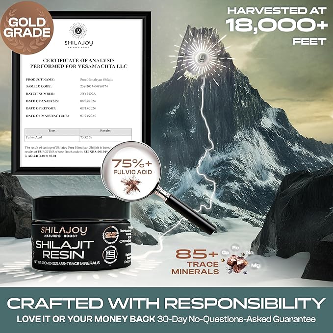 Pure Himalayan Shilajit Resin - Gold Grade High Potency with 75% Fulvic Acid and 85+ Trace Minerals for Energy Boost & Immune Support for Men & Women. U.S. Lab Tested - 40gr (80 Servings) (1)