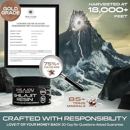 Pure Himalayan Shilajit Resin - Gold Grade High Potency with 75% Fulvic Acid and 85+ Trace Minerals for Energy Boost & Immune Support for Men & Women. U.S. Lab Tested - 40gr (80 Servings) (1)