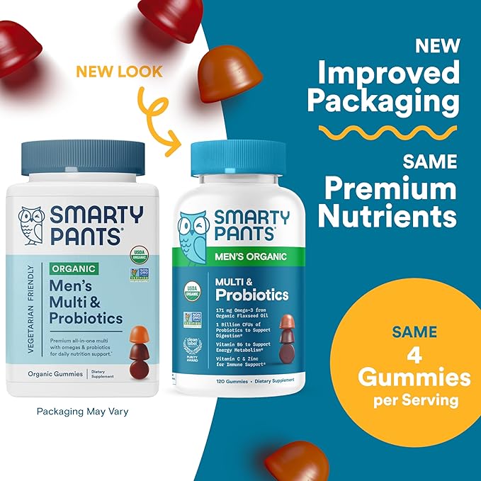 SmartyPants Multivitamin for Men, Organic Gummies: Probiotics, CoQ10, Methylfolate, Omega 3 (ALA), Vitamin D3, C, Vitamin B12, B6, Vitamin A, K & Zinc for Immune Support, 120 Gummies (30 Day Supply)