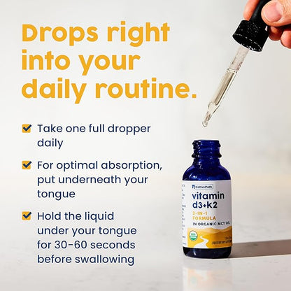 NativePath D3K2 Tincture - 1000IU Vitamin D3 and Vitamin K2 Supplement with Organic MCT Oil - 1 Fluid Ounce - Rapid Bioavailability Multi-Vitamin for Bone Strength and Total Body Wellness, 30 Servings