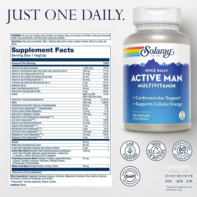 Solaray Once Daily Active Man Multivitamin & Mineral, Multivitamin for Cardiovascular, Support, Energy & Focus, Digestive Enzyme Blend, Amino Acids and Whole Food Base, 90 Servings, 90 VegCaps
