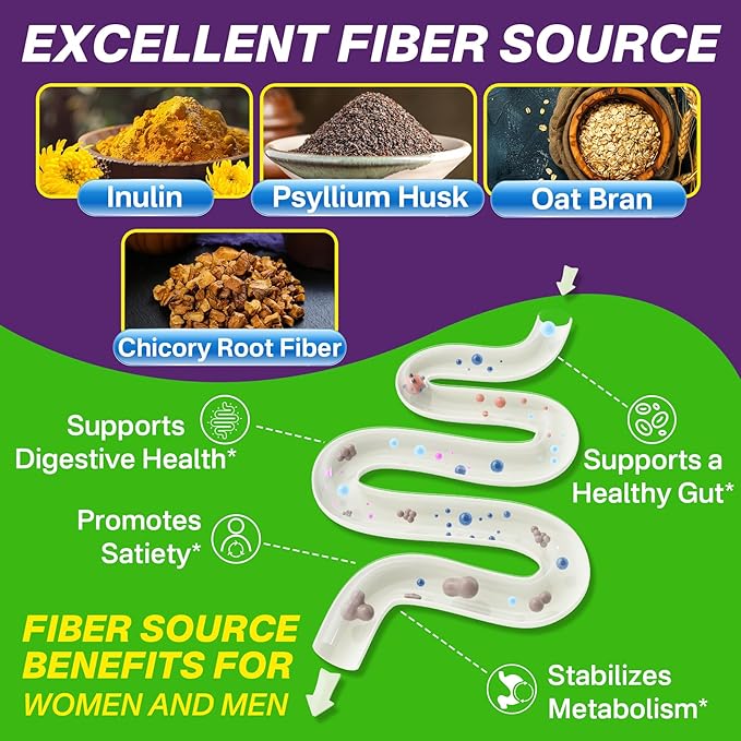 Fiber Gummies for Adults - Sugar Free Probiotics Fiber Supplement Vitamin B12 1000 mcg Vitamin D3 5000 iu/w Green Tea, Organic Whole Food For Fulfill, Metabolism, Gut & Digestive Health-Vegan, 1 Pack