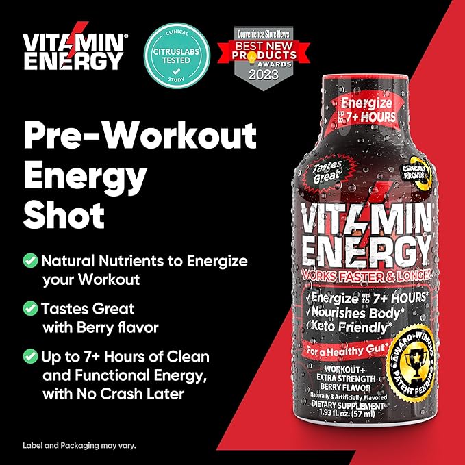 Pre Workout Vitamin Energy Drink - Keto Friendly Sugar Free Shots | Natural Clean Green Tea Caffeine with Proprietary Endurance Blend | Energize up to 7+ Hours - Berry - 1.93 Fl Oz (Pack of 48)