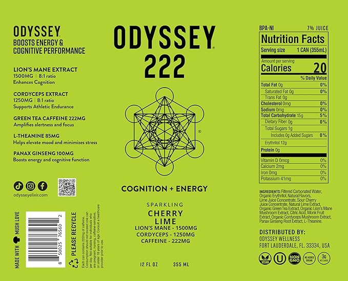 Odyssey 222 Energy Drink, Pre Workout, 222mg Caffeine, Clean Energy Drinks, L Theanine, Lions Mane, Cordyceps & Green Tea for Energy, Focus & Mood Boost, Low Calorie, Cherry Lime, 12 Fl oz, 12 Pack