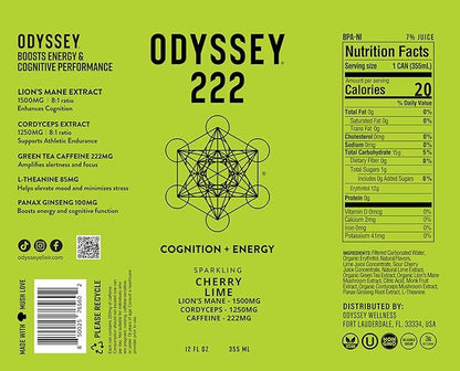 Odyssey 222 Energy Drink, Pre Workout, 222mg Caffeine, Clean Energy Drinks, L Theanine, Lions Mane, Cordyceps & Green Tea for Energy, Focus & Mood Boost, Low Calorie, Cherry Lime, 12 Fl oz, 12 Pack