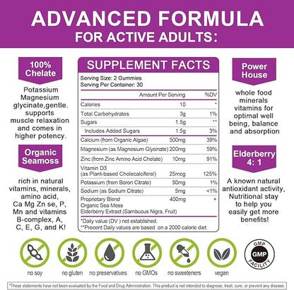 Calcium Magnesium Zinc Gummies with High Absorption Magnesium Glycinate 200mg, Potassium -Plant Calcium Supplement w/ D3 & Sea Moss for Bone, Muscles, Calm Mood & Sleep Support- Kids & adults (2 Pack)