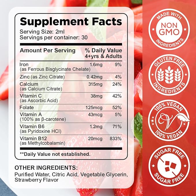 Liquid Iron Supplement for Kids & Women Men - with Calcium, Zinc & Kids Multivitamin Iron Drops - Immune Support, Blood Builder & Energy Support for Iron Deficiency, Anemia, Vegan 2 Fl Oz