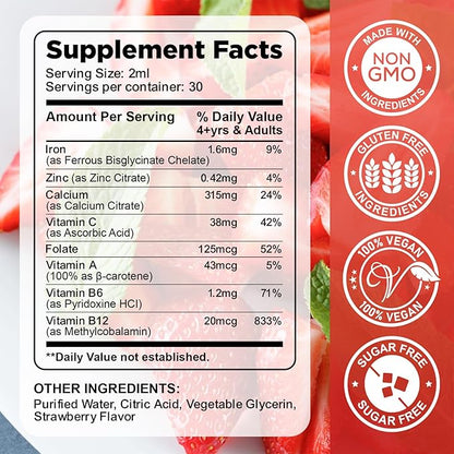 Liquid Iron Supplement for Kids & Women Men - with Calcium, Zinc & Kids Multivitamin Iron Drops - Immune Support, Blood Builder & Energy Support for Iron Deficiency, Anemia, Vegan 2 Fl Oz