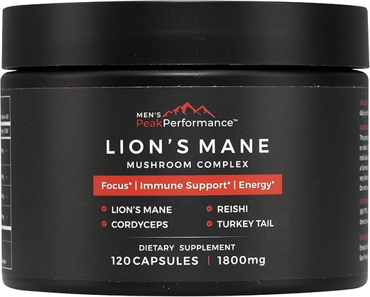 MEN'S PeakPerformance Lion's Mane Mushroom Supplement Capsules with Reishi, Cordyceps, Turkey Tail – Brain Nootropic for Memory, Focus, Natural Energy, & Immune Support Supplement (120 Capsules)
