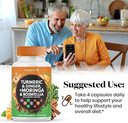 Turmeric Moringa Supplement | Ginger, Boswellia, Saffron, Holy Basil- Joint Support Supplement for Women and Men with Ceylon Cinnamon, Quercetin, Tart Cherry- 240 Count