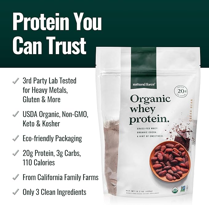 Natural Force Whey Protein Powder – Chocolate – Grass Fed Organic, Pure, Keto & Paleo Friendly, Low Carb, Kosher, Non GMO – 1 Pound