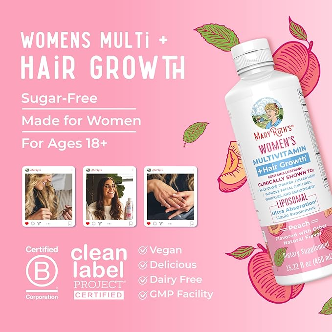 MaryRuth Organics Women's Multivitamin Lustriva Hair Growth Liposomal | Biotin | Vitamin D, B | Clinically Tested for Thicker Hair, Fine Lines, Skin Care | Ages 18 | Hair Vitamins | 15 Fl Oz