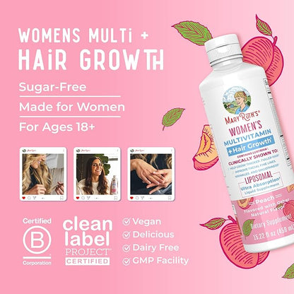MaryRuth Organics Women's Multivitamin Lustriva Hair Growth Liposomal | Biotin | Vitamin D, B | Clinically Tested for Thicker Hair, Fine Lines, Skin Care | Ages 18 | Hair Vitamins | 15 Fl Oz