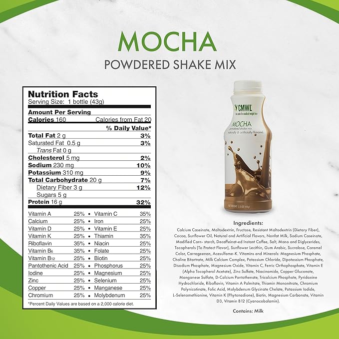 Mocha Powdered Protein Shake Mix | On The Go Meal Replacement Shake | Support Weight Management | Muscle Maintenance | 160 Calories, 16g Protein, 24 Vitamins & Minerals, Low Carb, Zero Trans Fat
