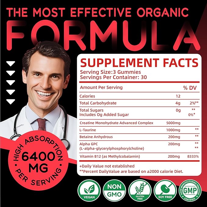 Creatine Monohydrate Gummies Complex 6400mg for Men & Women -Advanced Formula W/L-Taurine + Vitamin B12, Sugar Free Chewable Supplement,180 Strawberry Gummies 2pack