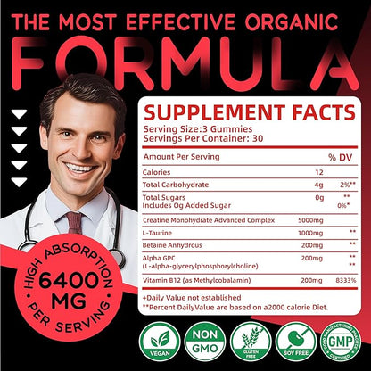 Creatine Monohydrate Gummies Complex 6400mg for Men & Women -Advanced Formula W/L-Taurine + Vitamin B12, Sugar Free Chewable Supplement,180 Strawberry Gummies 2pack