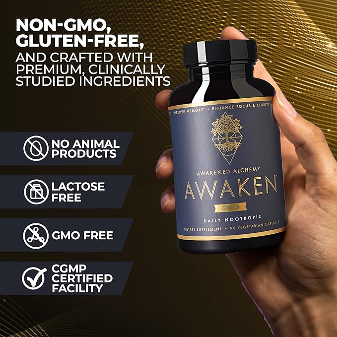 Awaken Gold Premium Nootropic Supplement | Advanced Brain Nutrition | Improve Memory & Learning | Enhance Focus & Clarity | Intensify Drive | 11 Premium Ingredients | 45 Servings