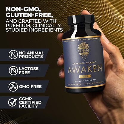 Awaken Gold Premium Nootropic Supplement | Advanced Brain Nutrition | Improve Memory & Learning | Enhance Focus & Clarity | Intensify Drive | 11 Premium Ingredients | 45 Servings