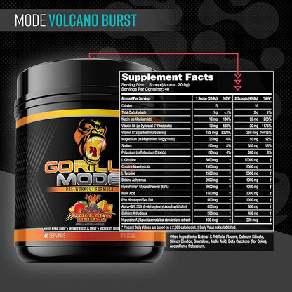 Gorilla Mode Pre Workout - Massive Pumps · Laser Focus · Energy · Power - L-Citrulline, Creatine, L-Tyrosine, Betaine, Hydroprime®, Alpha-GPC, 400mg Caffeine, Huperzine A - 836g (Volcano Burst)