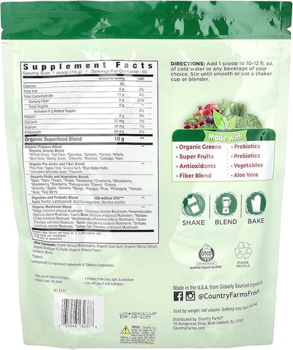 COUNTRY FARMS Super Greens Natural Flavor, 50 Organic Super Foods, USDA Organic Drink Mix, Fruits, Vegetables, Super Greens, with Fiber, Mushrooms & Probiotics, Supports Energy, 60 Servings, 900g