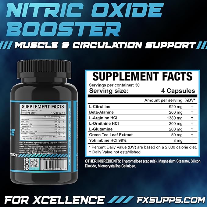 FX SUPPS Nitric Oxide Booster | Bodybuilding Pre Workout Pills for Men and Women (1 Pack of 120 Capsules) Boost Energy Pump & Vascularity | Muscle Builder Supplement with Arginine, Best for Athletes