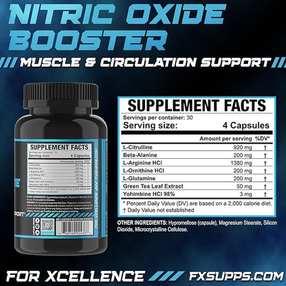 FX SUPPS Nitric Oxide Booster | Bodybuilding Pre Workout Pills for Men and Women (1 Pack of 120 Capsules) Boost Energy Pump & Vascularity | Muscle Builder Supplement with Arginine, Best for Athletes