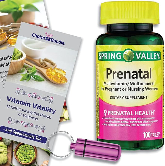 Spring Valley Prenatal Multivitamin Multimineral for Pregnant & Nursing Women Dietary Supplement Tablets 100 Ct Choice Bundle + Vitamin Guide & Pill Container (3 Items)!