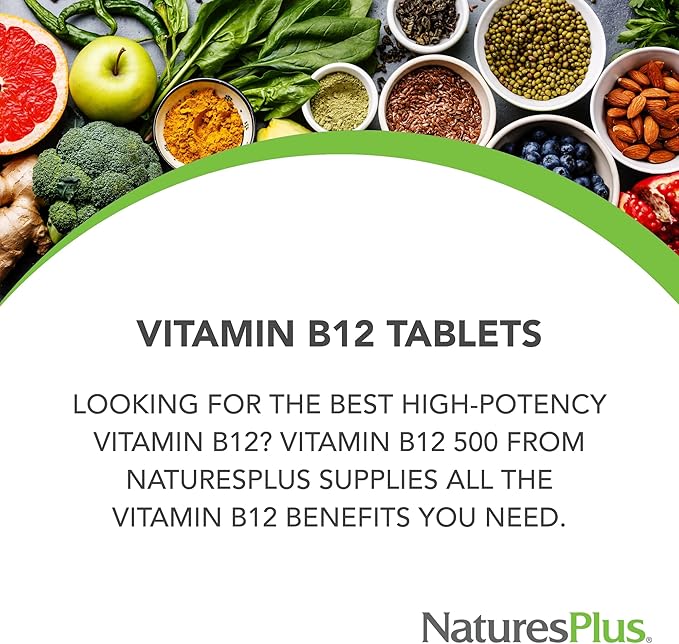 Natures Plus Vitamin B12 (Methylcobalamin) - 500 mcg, 90 Vegetarian Tablets -High Potency Red Blood Cell Support - Natural Energy Booster, Promotes Overall Health - Gluten-Free - 90 Servings