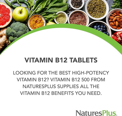 Natures Plus Vitamin B12 (Methylcobalamin) - 500 mcg, 90 Vegetarian Tablets -High Potency Red Blood Cell Support - Natural Energy Booster, Promotes Overall Health - Gluten-Free - 90 Servings