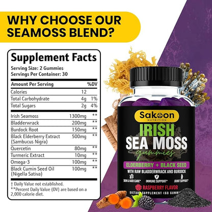 Sakoon nutrition Irish Sea Moss Gummies w/Elderberry & Black Seed Oil - Beauty, Joints & Immune Support | Rich in Vitamins, Raspberry Flavor | 60 Gummies