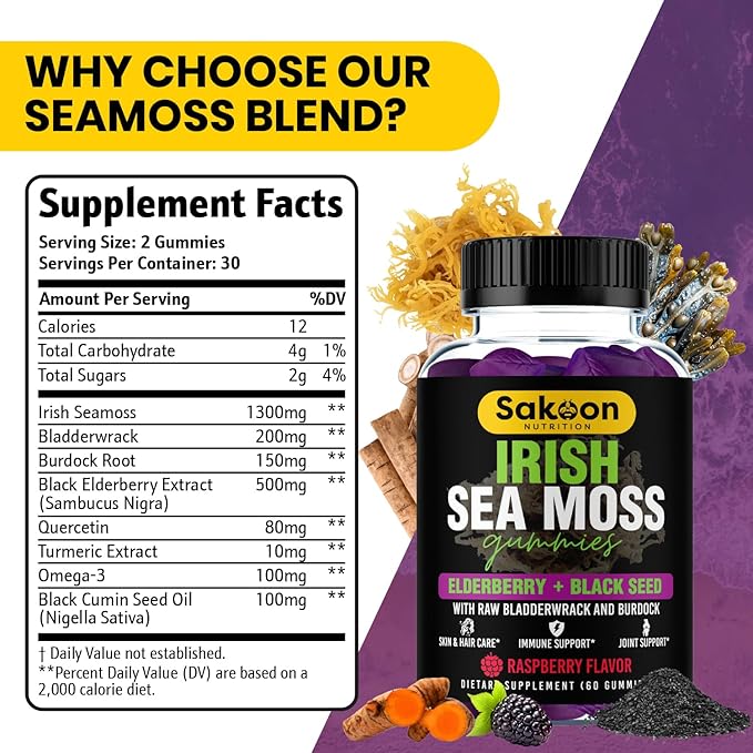 Sakoon nutrition Irish Sea Moss Gummies w/Elderberry & Black Seed Oil - Beauty, Joints & Immune Support | Rich in Vitamins, Raspberry Flavor | 60 Gummies
