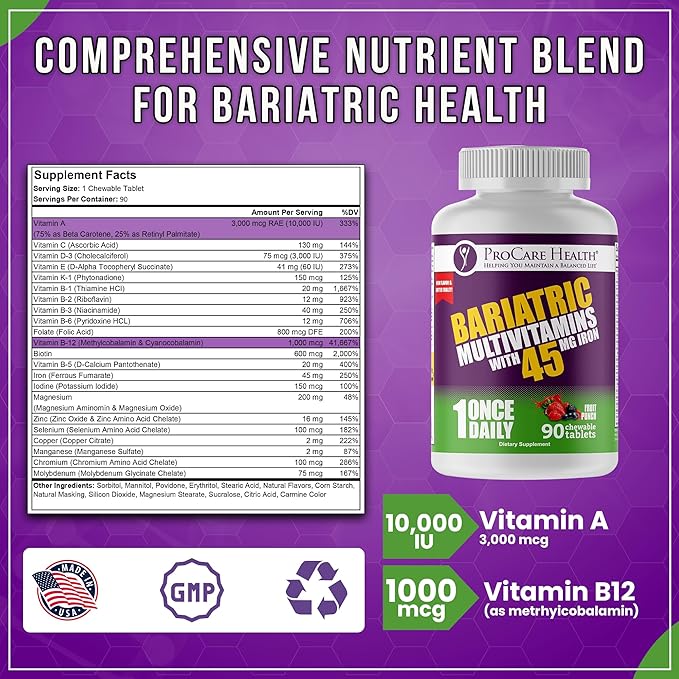 Procare Health Bariatric Multivitamin with Iron 45mg Chewable (90 Tablets) - Fruit Punch Flavor Bariatric Multivitamin Chewable Pills for Gastric Bypass & Sleeve Gastrectomy Patients (03 Month Supply)