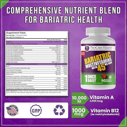 Procare Health Bariatric Multivitamin with Iron 45mg Chewable (90 Tablets) - Fruit Punch Flavor Bariatric Multivitamin Chewable Pills for Gastric Bypass & Sleeve Gastrectomy Patients (03 Month Supply)