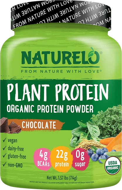 NATURELO Plant Protein Powder, Chocolate, 22g Protein - Non-GMO, Vegan, No Gluten, Dairy, or Soy - No Artificial Flavors, Synthetic Coloring, Preservatives, or Additives - 20 Servings