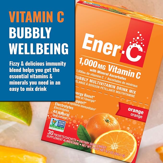Ener-C Orange Multivitamin Drink Mix Powder Vitamin C 1000mg & Electrolytes with Real Fruit Juice Natural Energy & Immune Support for Women & Men - Non-GMO Vegan & Gluten Free - 60 Count