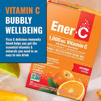 Ener-C Orange Multivitamin Drink Mix Powder Vitamin C 1000mg & Electrolytes with Real Fruit Juice Natural Energy & Immune Support for Women & Men - Non-GMO Vegan & Gluten Free - 60 Count