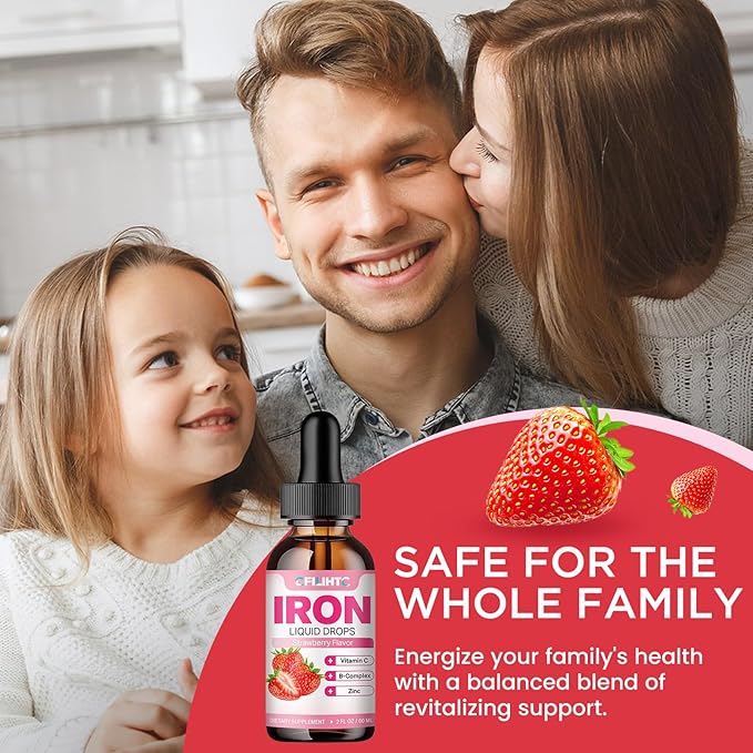Liquid Iron Supplement for Women Men & Kids Multivitamin Iron Drops with Folate, Vitamin C, B6, B12, Zinc for Anemia, Iron Deficiency, Blood Builder, Energy - Natural Strawberry Flavor, Vegan 4 Fl Oz