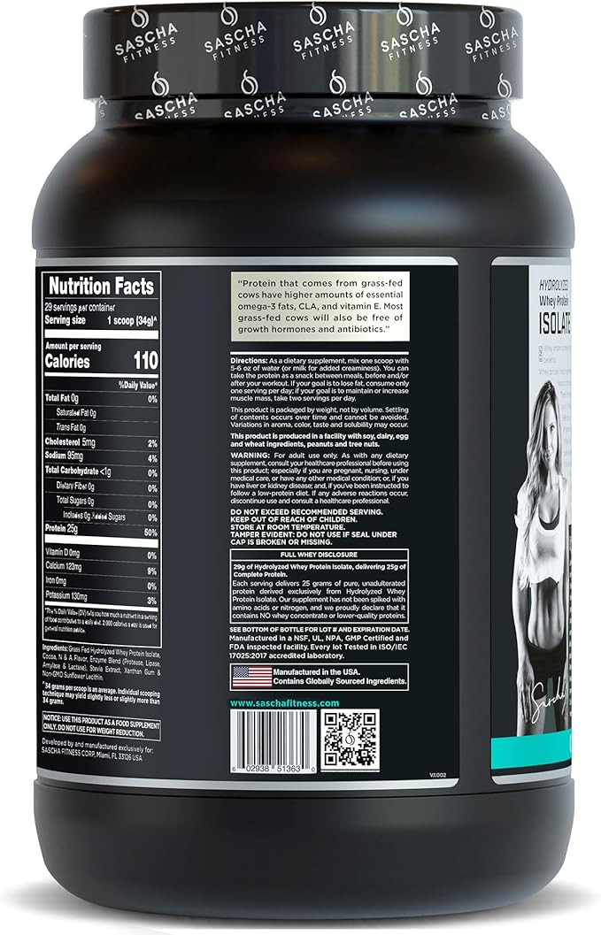 SASCHA FITNESS Hydrolyzed Whey Protein Isolate,100% Grass-Fed (2 Pounds, Cookies & Cream)