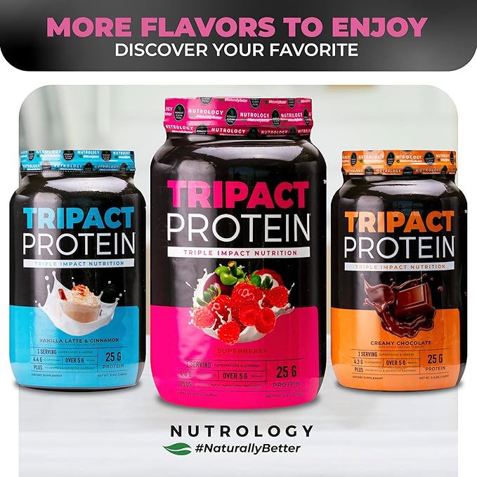 Nutrology TRIPACT Protein Powder, Superberry 7-in-1 Meal Replacement Shake with Grass Fed Whey Protein Powder, Greens, Probiotics & BCAAs, 40 Servings