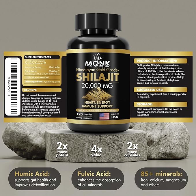 Organic Shilajit with Fulvic Acid, Humic Acid, 85+ Minerals- Gold Grade Plus - Same as Resin - Energy, Stamina, Brain Support - 20,000mg, 120 Capsules - Made in The USA