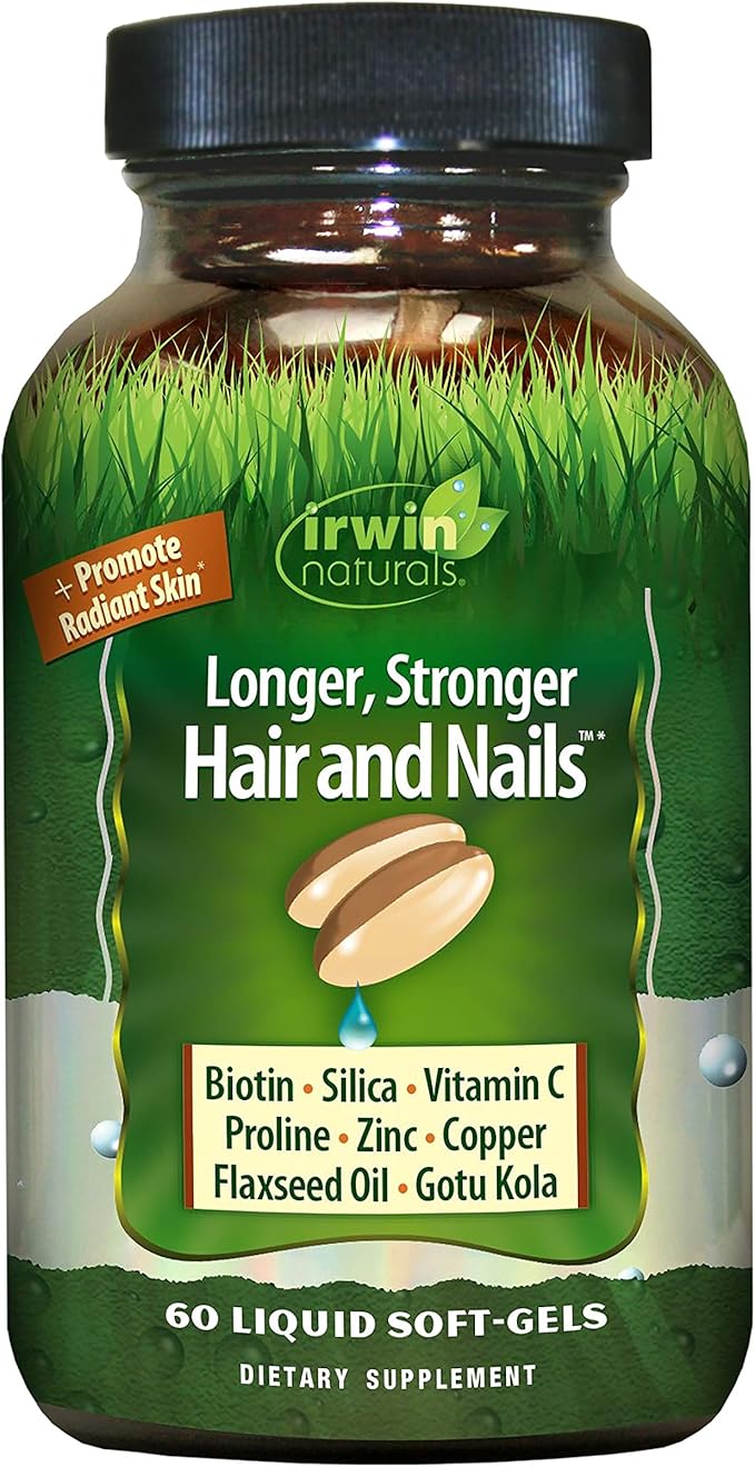 Irwin Naturals Longer, Stronger Hair and Nails - 60 Liquid Softgels - Promotes Vibrant Shine Texture & Strength - 30 Total Servings