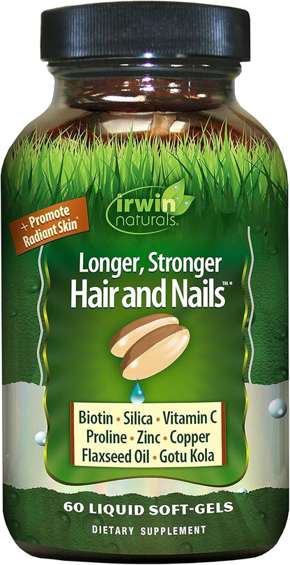 Irwin Naturals Longer, Stronger Hair and Nails - 60 Liquid Softgels - Promotes Vibrant Shine Texture & Strength - 30 Total Servings