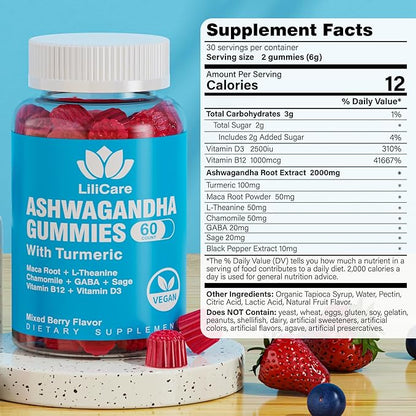 Ashwagandha Gummies, 2000mg Organic Ashwa Root Extract Supplement for Women & Men - 60 Count - Ashwagandha Blend Gummies Combination Supplements