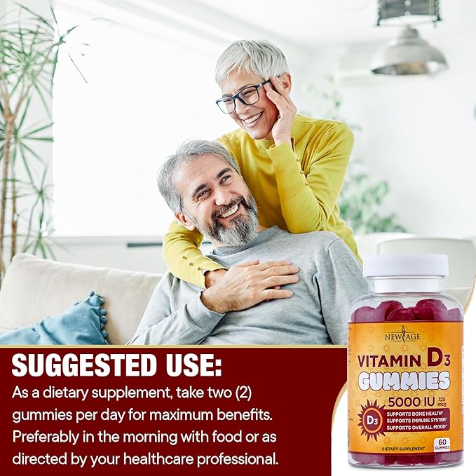 NEW AGE Vitamin D3 5000 IU 125mcg Gummies - Support Immune Support, Strong Bone Health - Non-GMO, Gluten-Free, Dairy-Free, No Gelatin (120 Gummies (Pack of 2))