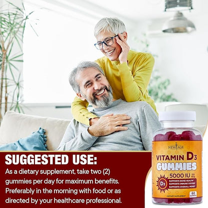 NEW AGE Vitamin D3 5000 IU 125mcg Gummies - Support Immune Support, Strong Bone Health - Non-GMO, Gluten-Free, Dairy-Free, No Gelatin (60 Gummies (Pack of 1))